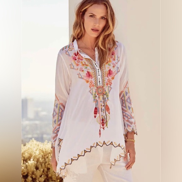 Johnny Was Festival Long-Sleeve Embroidered Georgette Tunic - Picture 1 of 14
